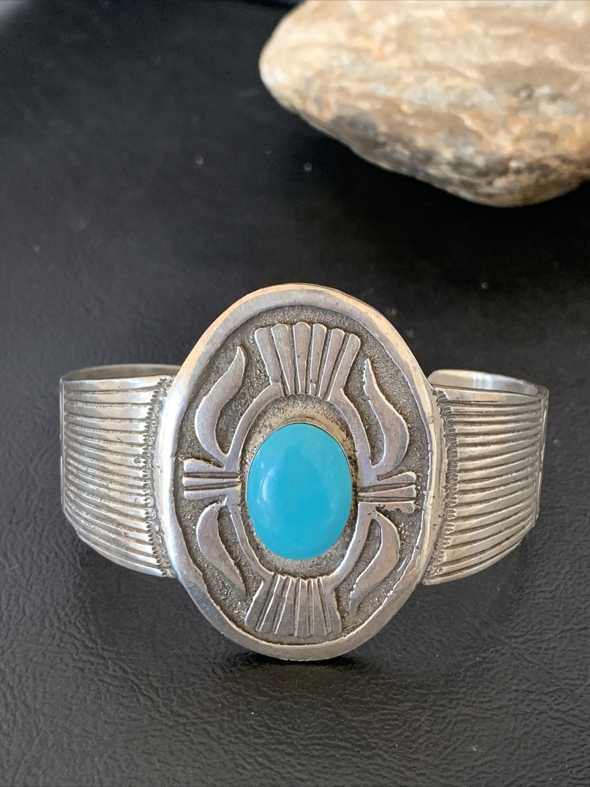Mens Blue Kingman Turquoise Navajo Sterling Silver Cuff Bracelet 1654