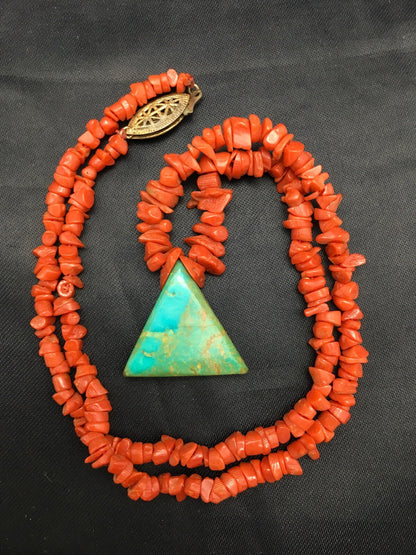 Kingman Turquoise Pendant Coral Sterling Silver Old Pawn Necklace 19" 4008