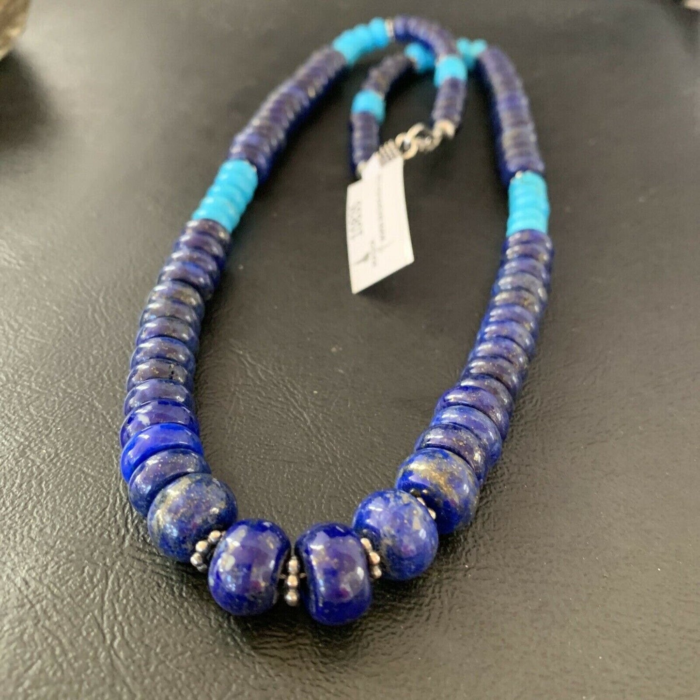 Men's Lapis and Turquoise Beaded Necklace Sterling Silver 23" 10835