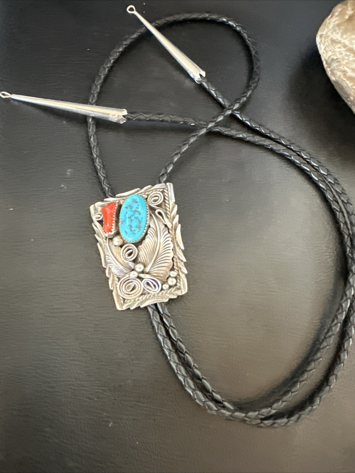 Mens Blue Kingman Turquoise Coral Bolo Tie Sterling Silver Navajo 18168