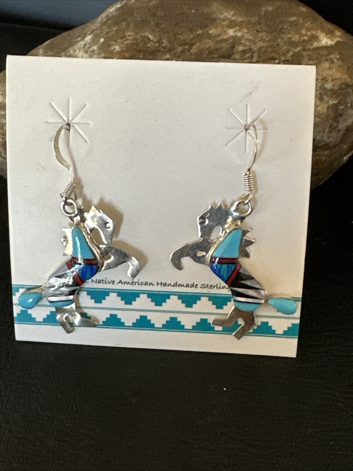 Blue Turquoise Coral Horse Inlay Navajo Sterling Silver Earrings 19827