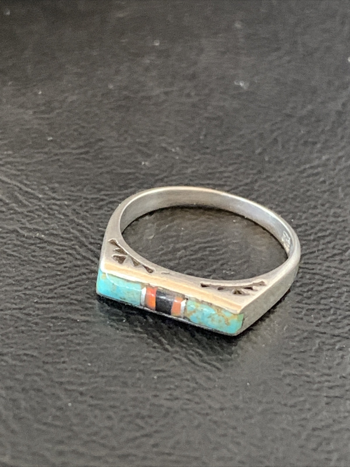 Turquoise & Onyx Navajo Sterling Silver Inlay Ring Size 6 11152