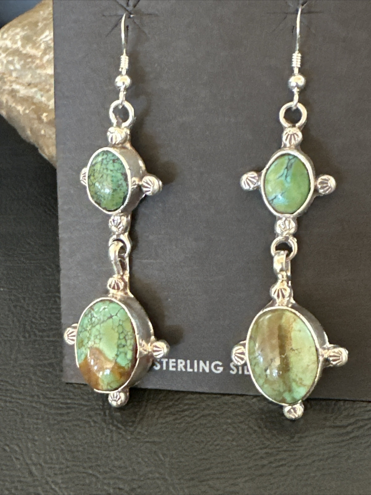Native Navajo Green Turquoise Sterling Silver Dangle Earrings 2” 17695