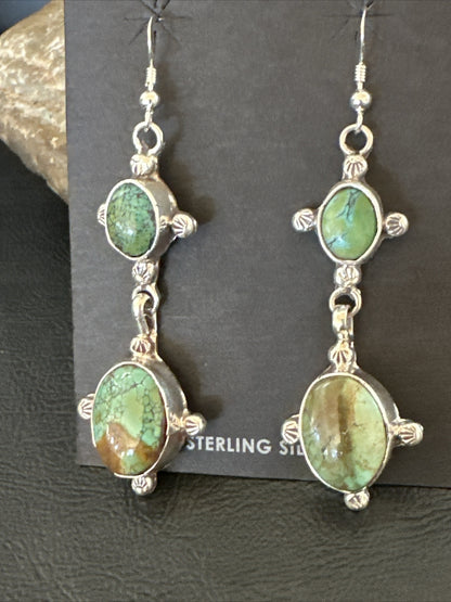 Native Navajo Green Turquoise Sterling Silver Dangle Earrings 2” 17695