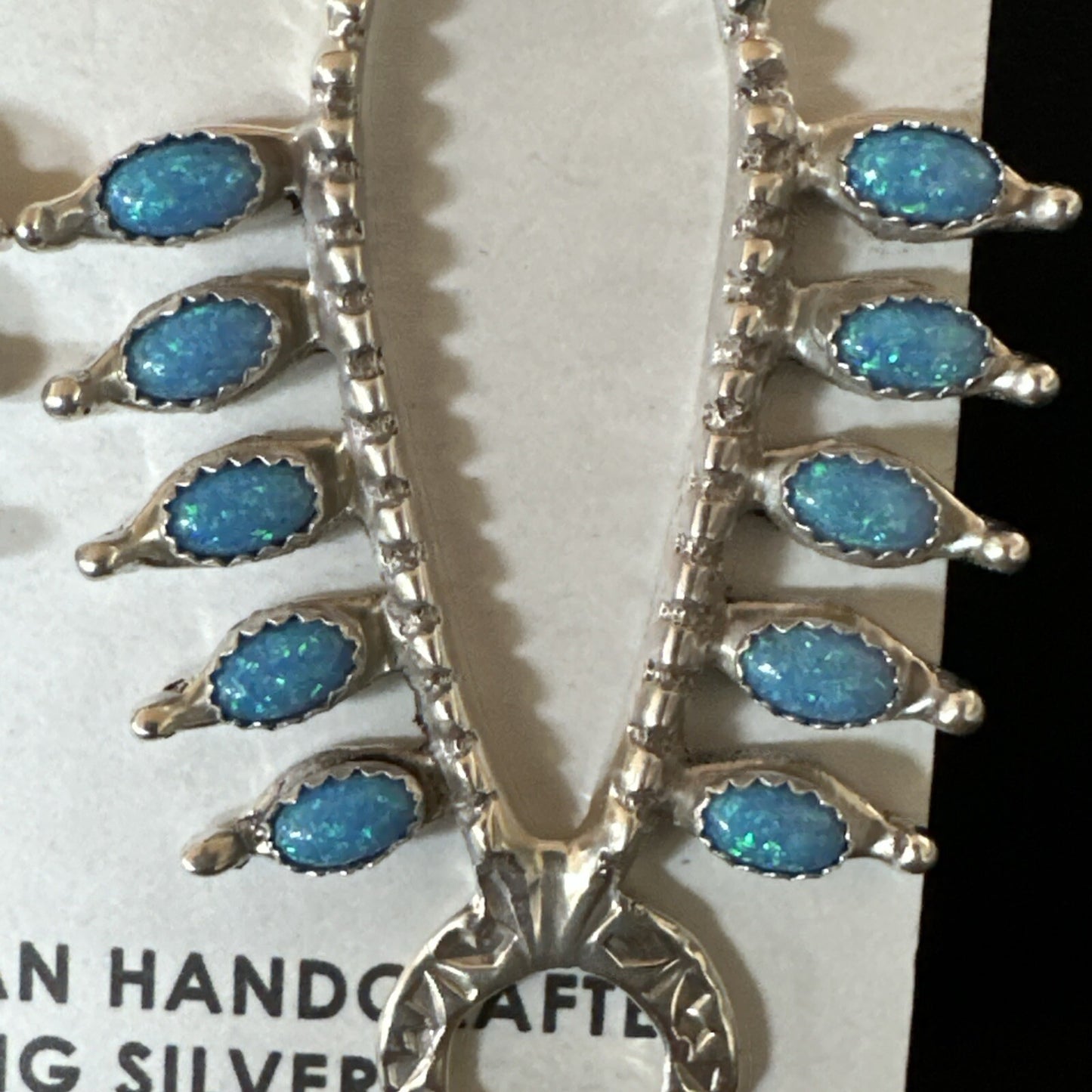 Womens Blue Opal Navajo Squash Blossom Sterling Silver Earrings 18549