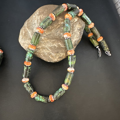 Green Turquoise Spiny Oyster Native Navajo Pearls Sterling Silver Necklace 14985