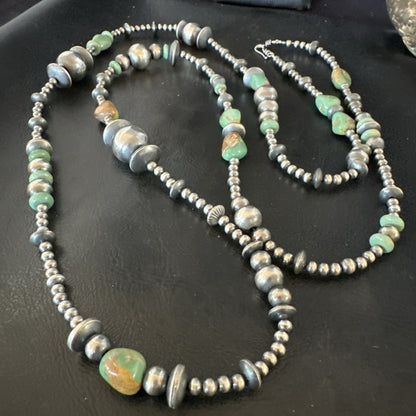 Native Navajo Sterling Silver Beads Green Royston Turquoise 48in Necklace 19116
