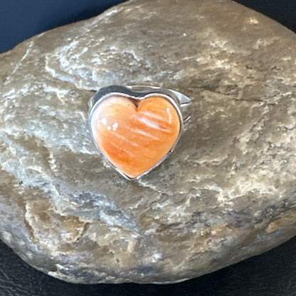 Orange Heart Ring Handmade Navajo Spiny Oyster Sterling Silver Sz 9 19329