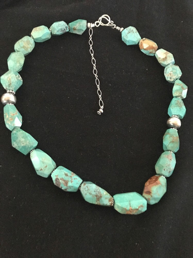 Turquoise Chunky Bead Faceted Navajo Sterling Silver Beads Necklace 03367