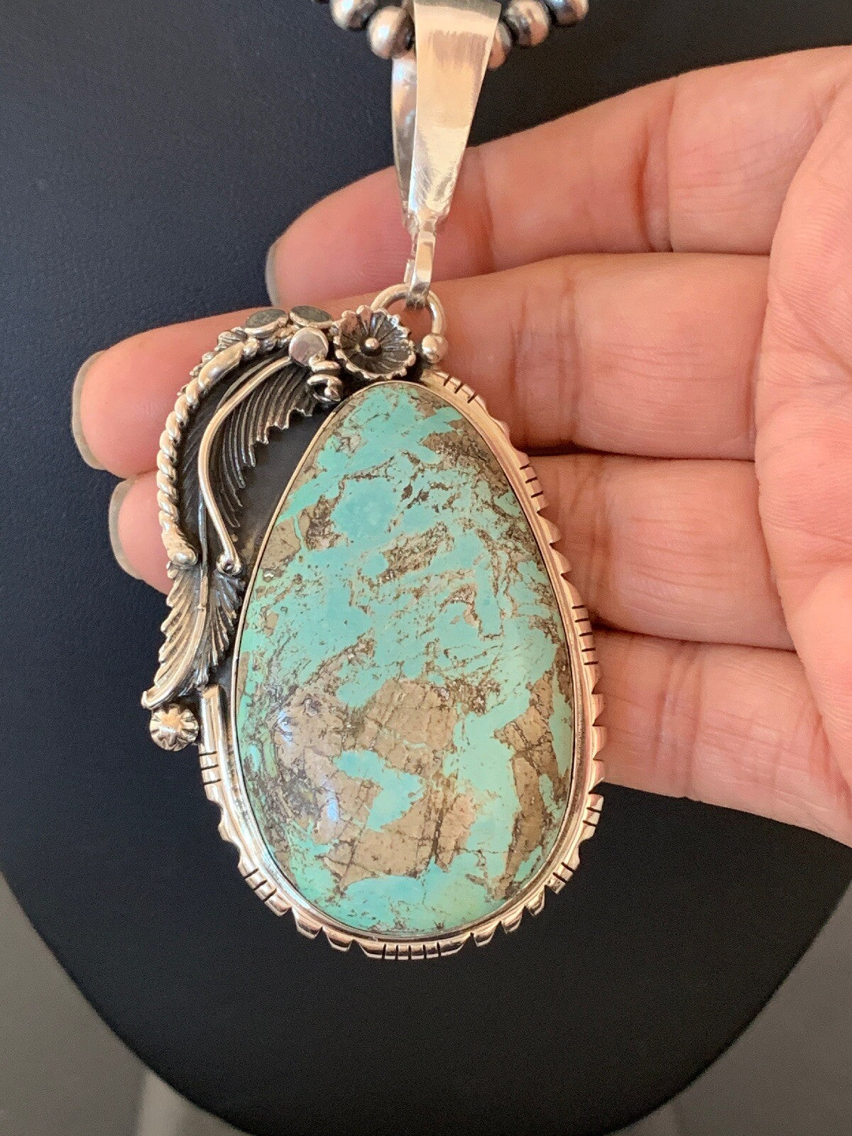 Mens Blue Turquoise Pendant Sterling Silver Necklace 02565