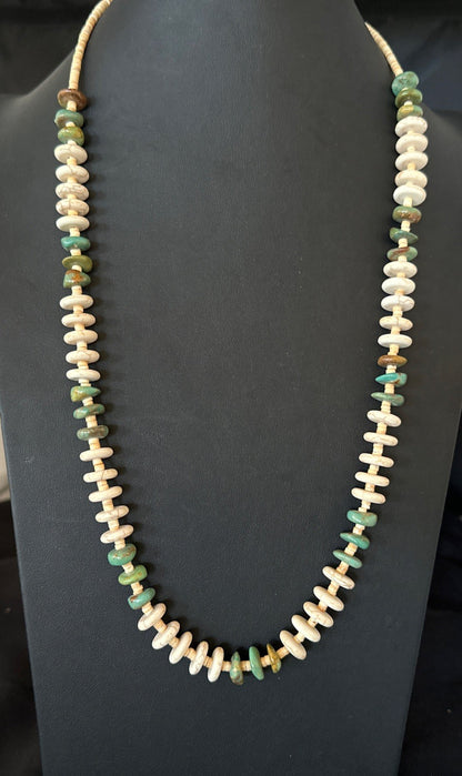 Green Royston Turquoise Shell Santo Domingo Sterling Silver Necklace 29” 19681