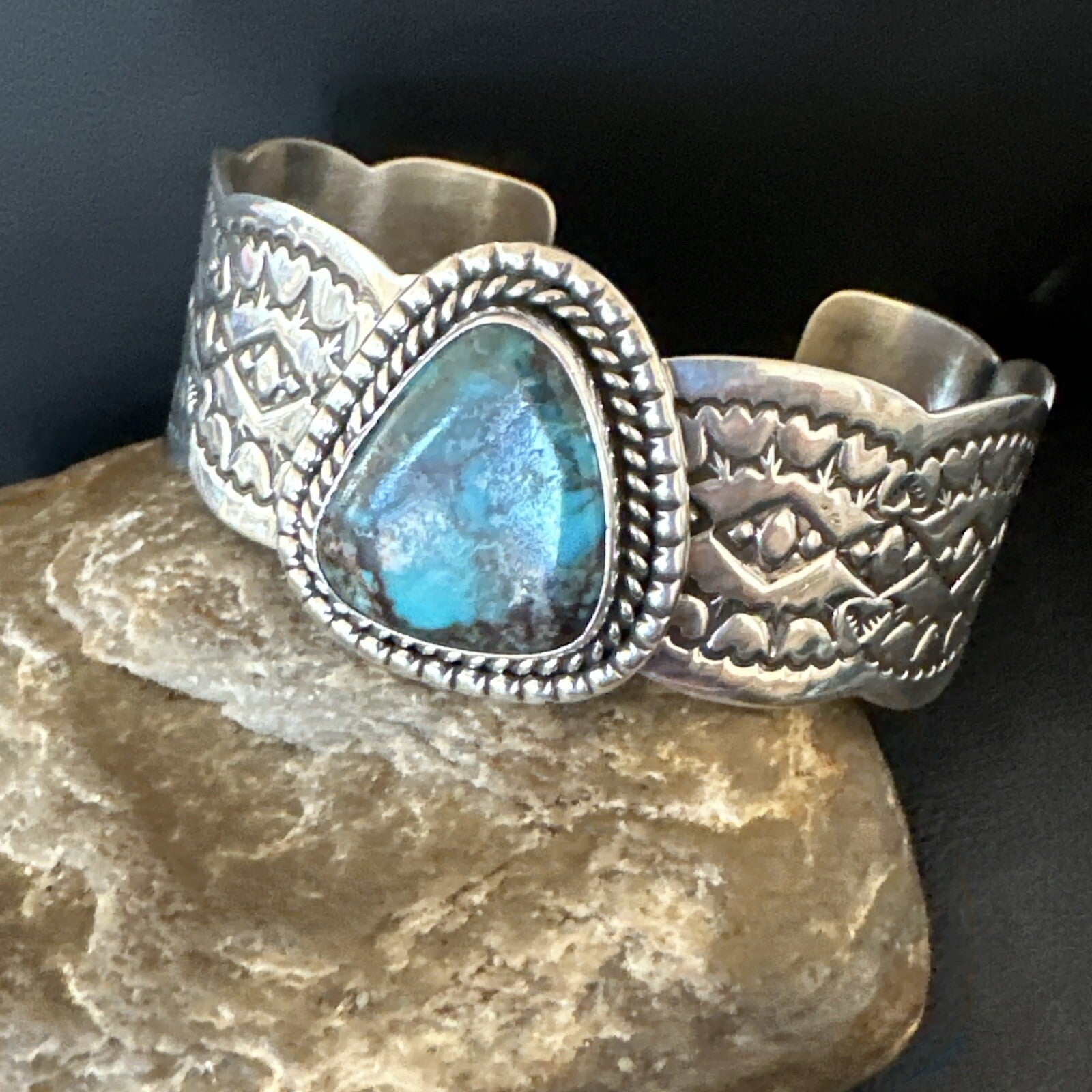 Navajo Blue TURQUOISE Stamped Sterling Silver Cuff Bracelet 8.3" 18716