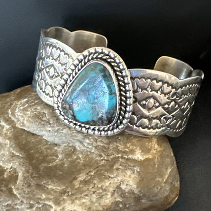 Navajo Blue TURQUOISE Stamped Sterling Silver Cuff Bracelet 8.3" 18716