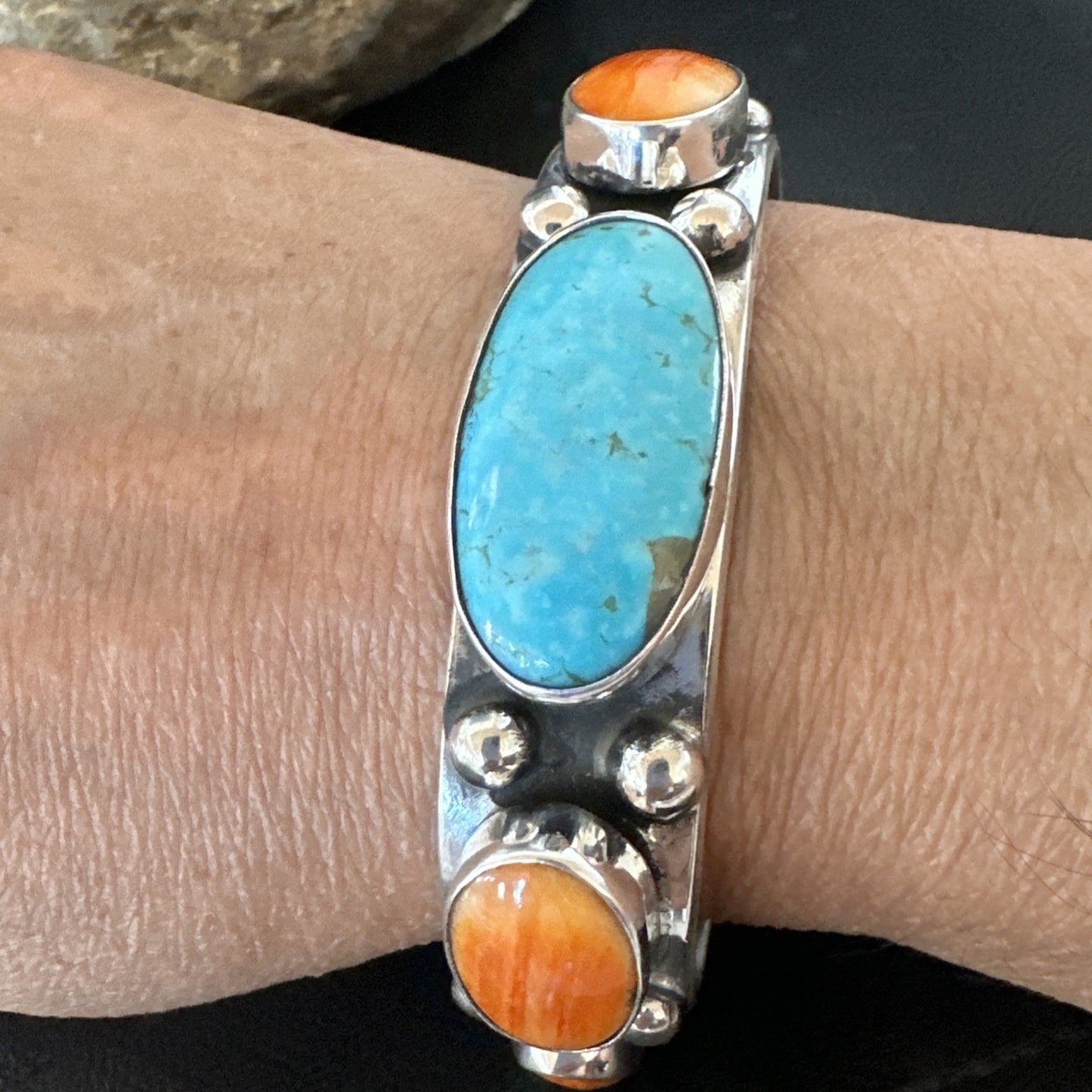 Orange Spiny Turquoise 5 Stone Sterling Silver Navajo Cuff Bracelet 7.7" 19479