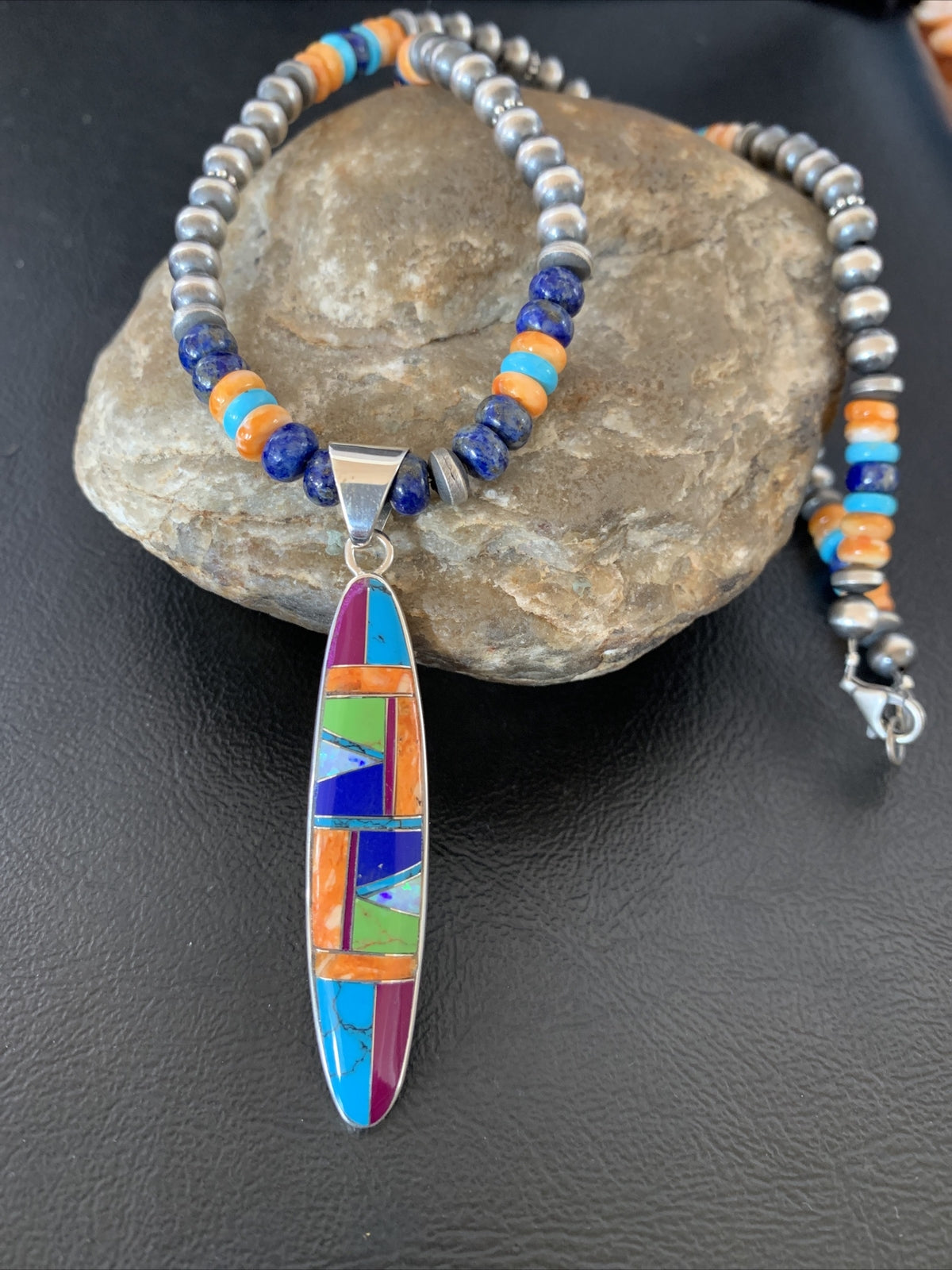 Turquoise & Spiny Oyster Inlay Pendant Navajo Sterling Silver Necklace 11637
