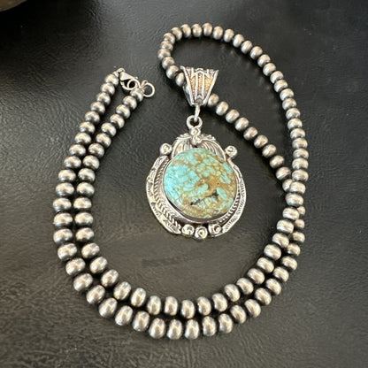 Mens Blue Turquoise#8 Pendant Navajo Sterling Silver Necklace 18073