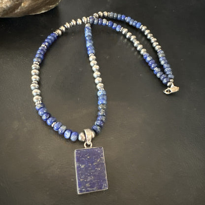 Blue Lapis Pendant Navajo Pearls Sterling Silver Necklace 20” 18688