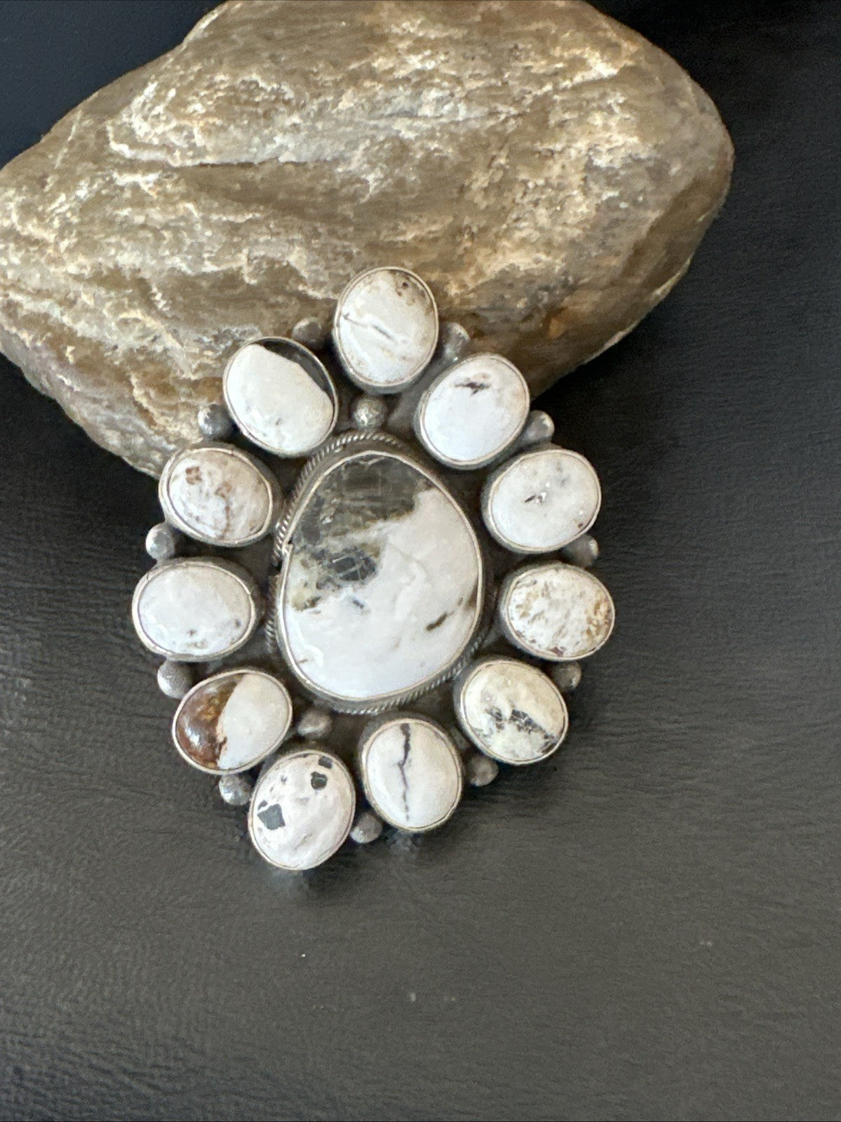 XXL White Buffalo Turquoise Navajo Sterling Silver Cluster Ring Size 8 19275