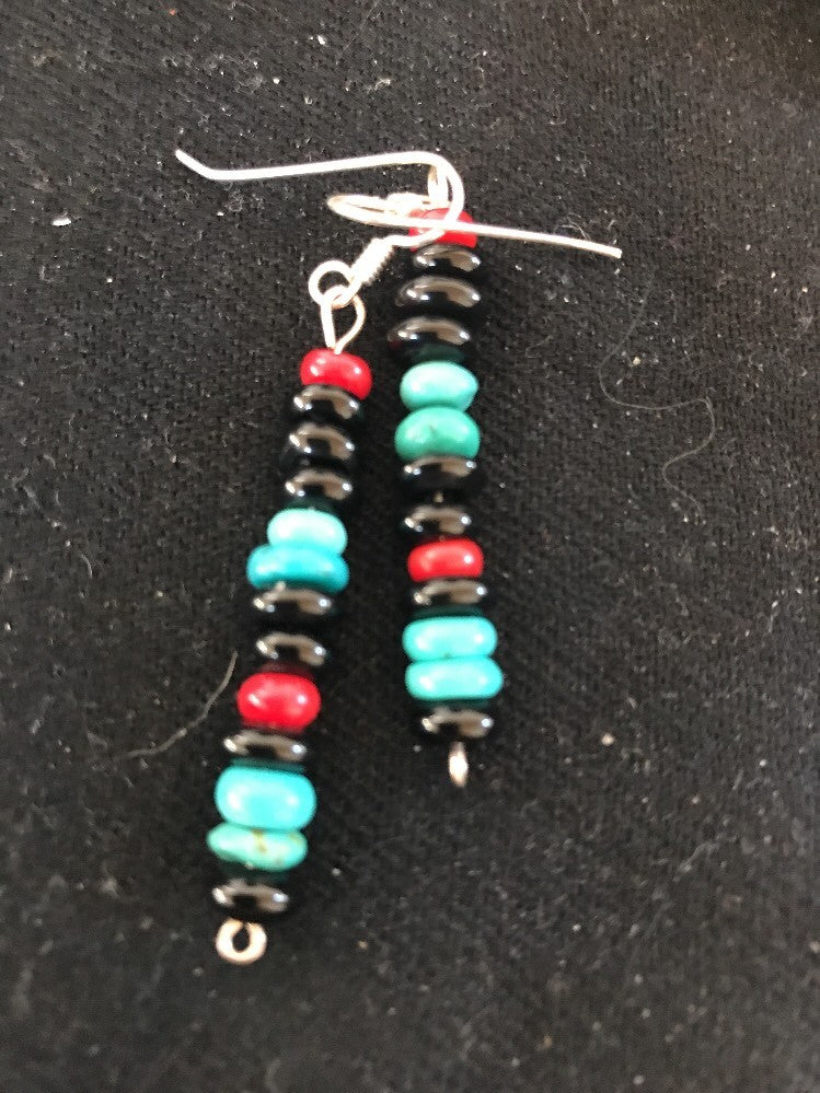 Navajo Sterling Silver Turquoise Black Onyx Coral Earrings 08334