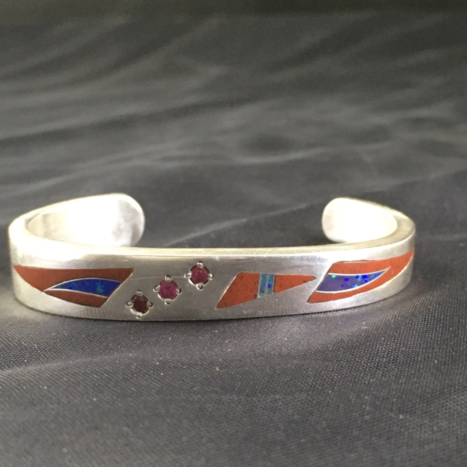 Coral, Lapis Ruby Navajo Sterling Silver Inlay Bracelet 1982
