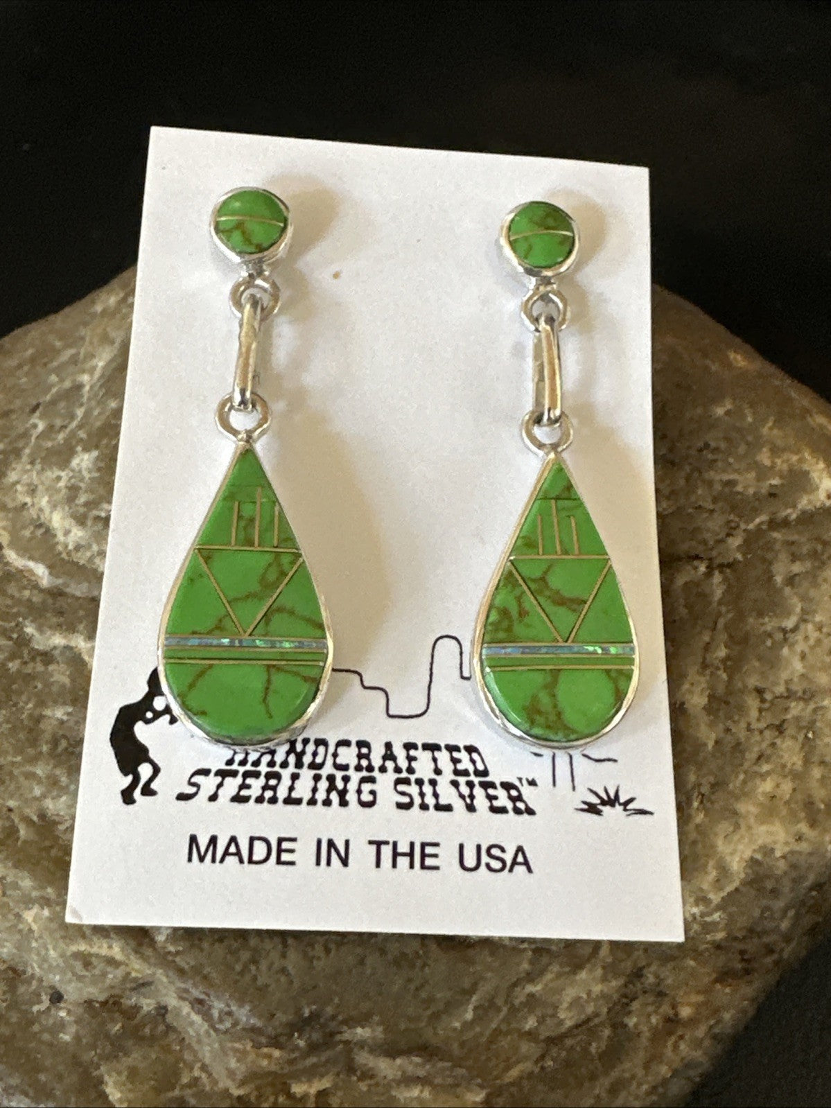 Green Gaspeite Southwestern Sterling Silver Inlay Earrings 1.5" 19154