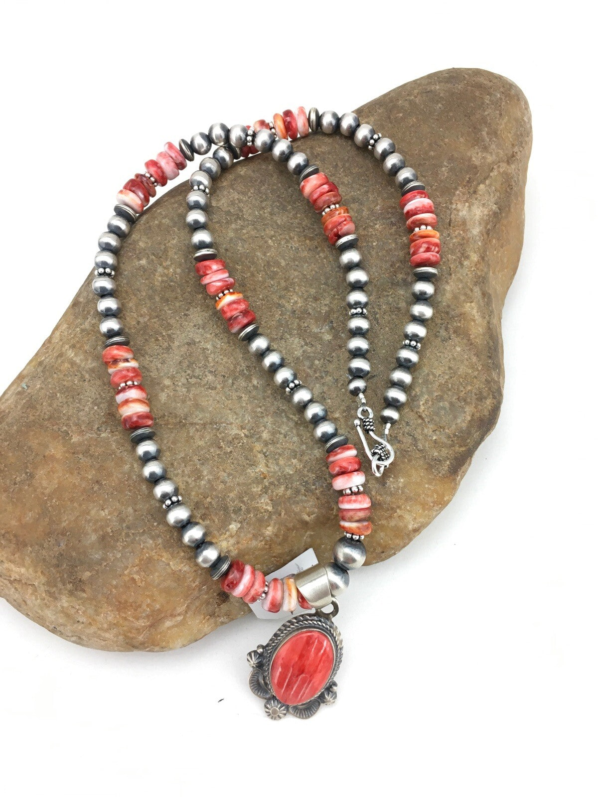 Red Spiny Oyster Pendant Navajo Pearls Sterling Silver Necklace 2685