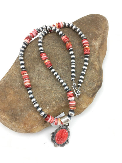 Red Spiny Oyster Pendant Navajo Pearls Sterling Silver Necklace 2685