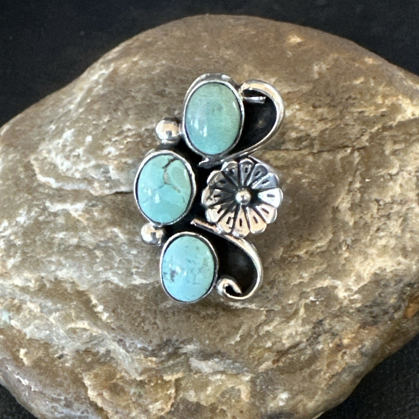 Blue Green Turquoise Navajo Sterling Silver Cluster Ring Size 8.5 19081