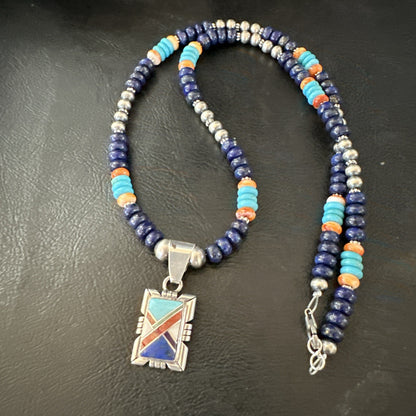 Multicolor Turquoise Coral Navajo Sterling Silver Inlay Pendant Necklace 19651