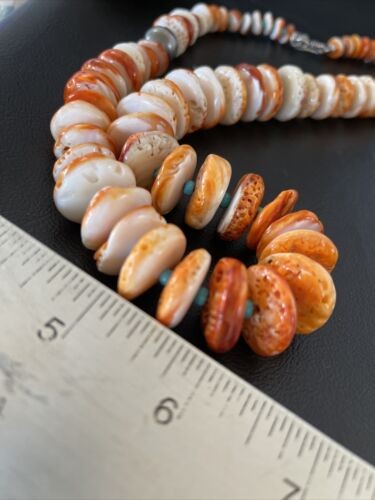 Navajo Turquoise & Orange Spiny Oyster Necklace Graduated 22" 10587