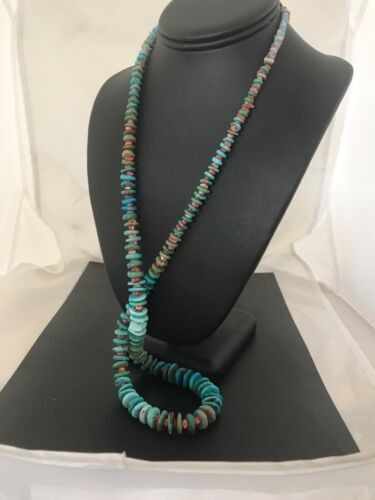 Navajo Blue Green Turquoise & Spiny Oyster Necklace Graduated 35" 8117