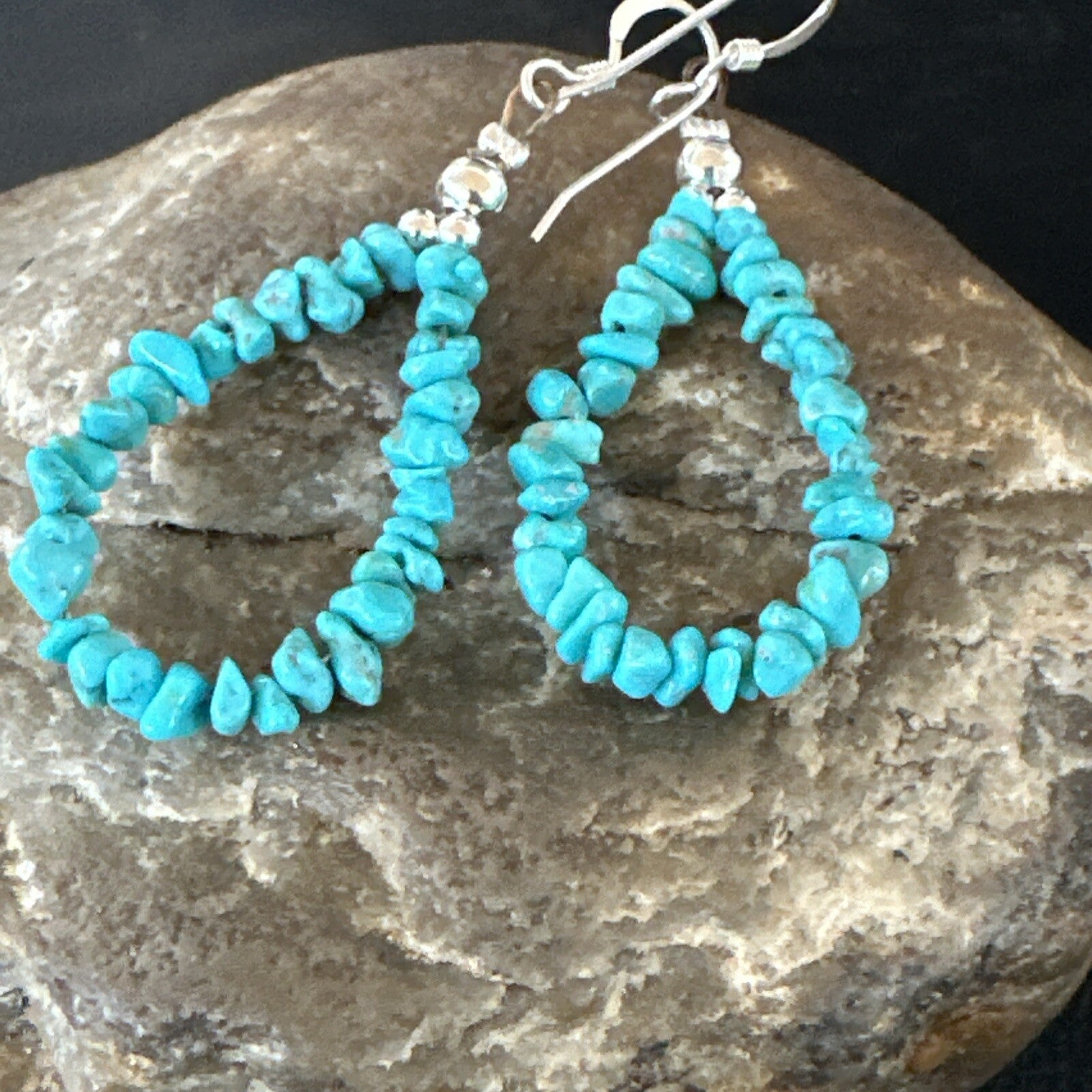 Blue Turquoise Nugget Sterling Silver Beads Navajo Earrings 1" 17900