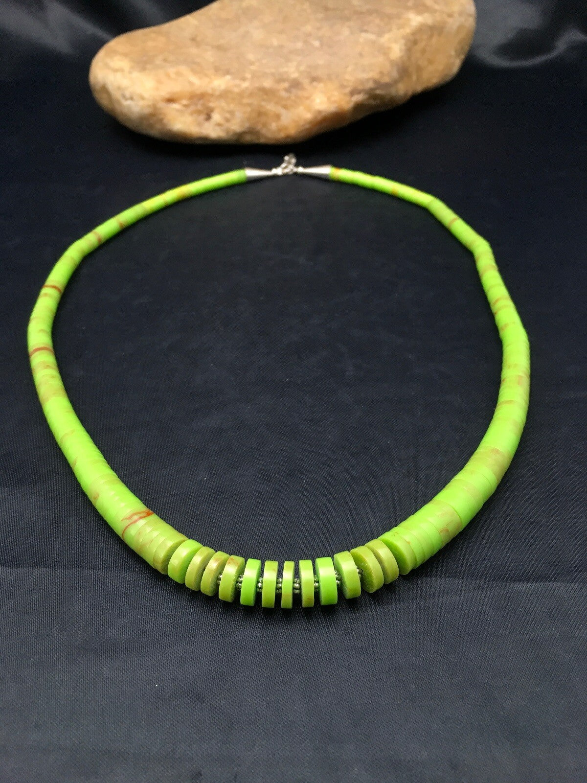 Green Gaspeite Stabilized Santo Domingo Sterling Silver Beads Necklace 20" 19445