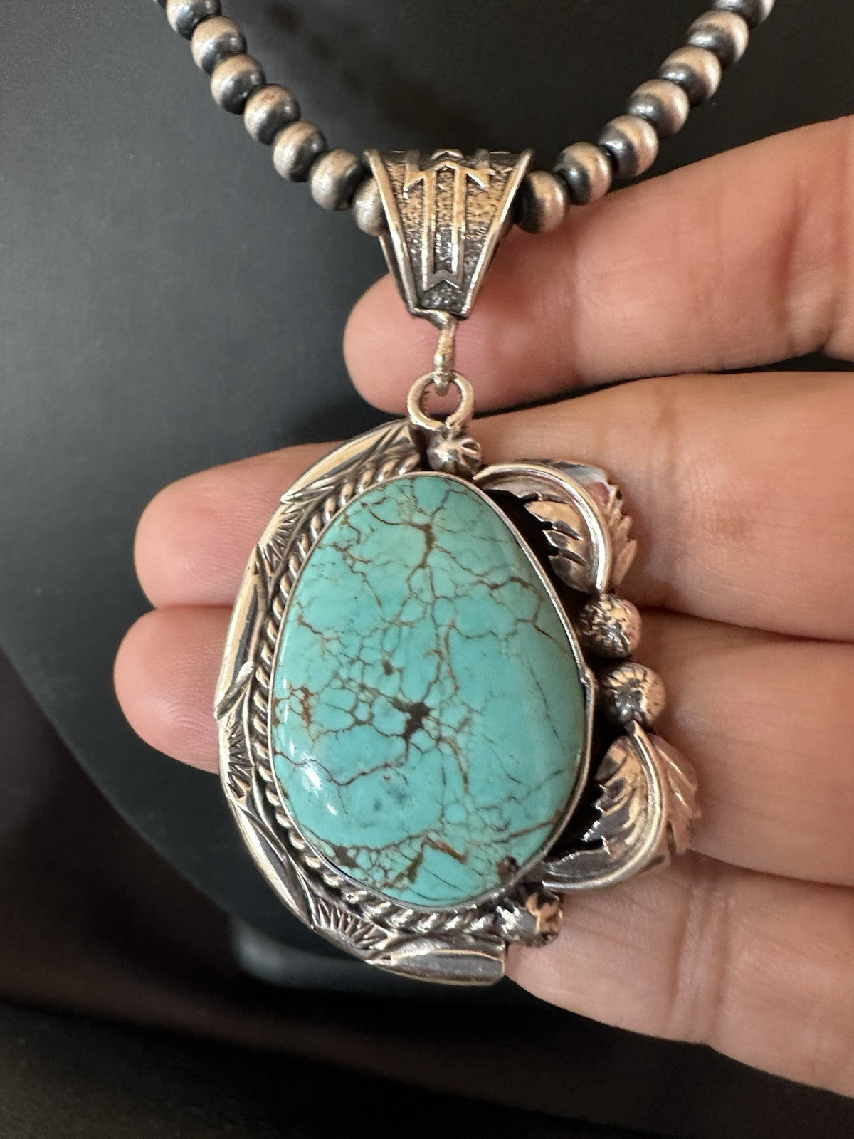 Blue Turquoise #8 Pendant Navajo Pearls Sterling Silver Necklace 19388