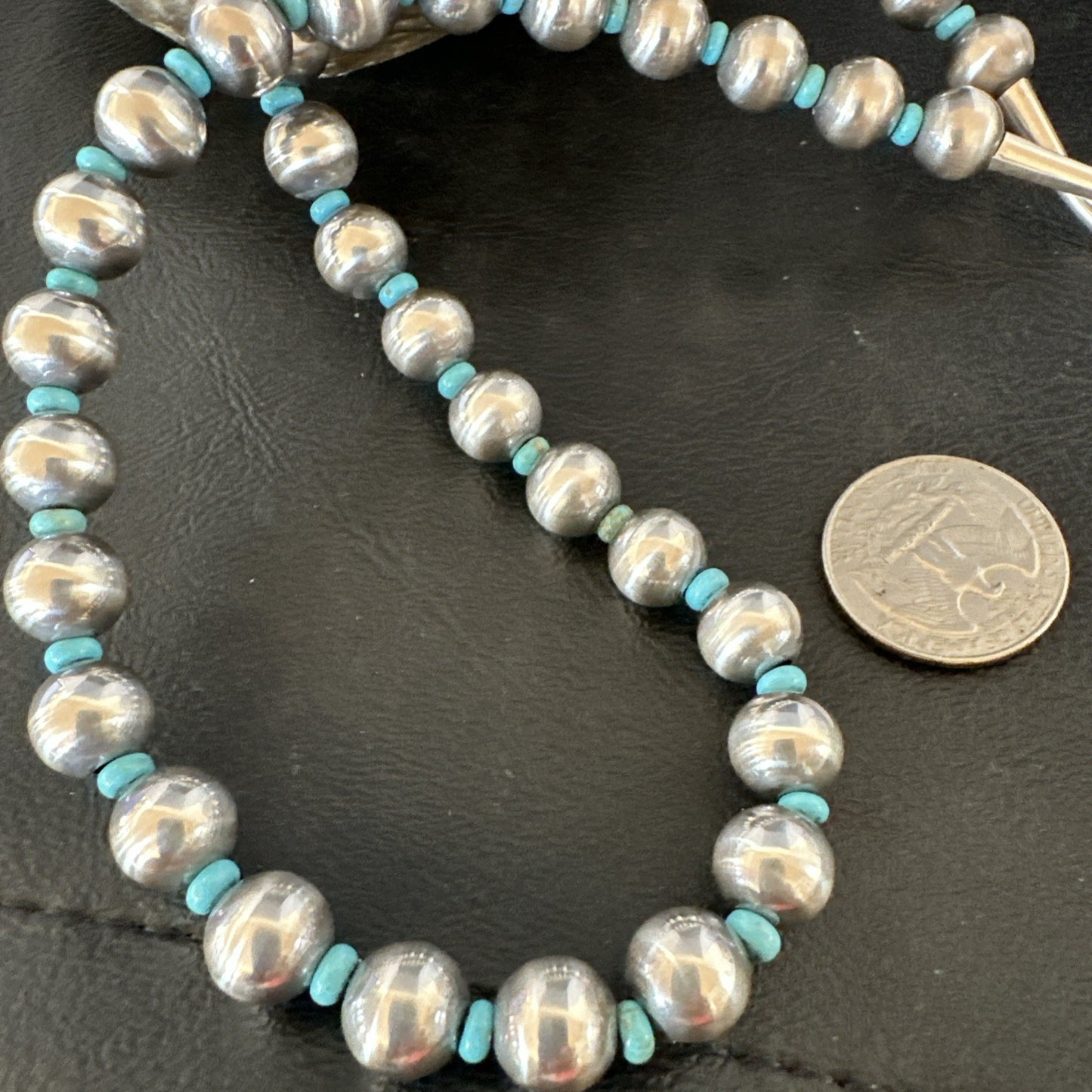 Blue Turquoise 10mm Round Sterling Silver Beads Necklace 20” 92407