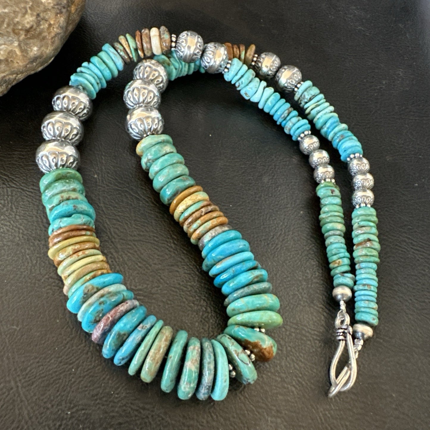 WoMens Blue Green Turquoise Navajo Sterling Silver Necklace 24” 19492
