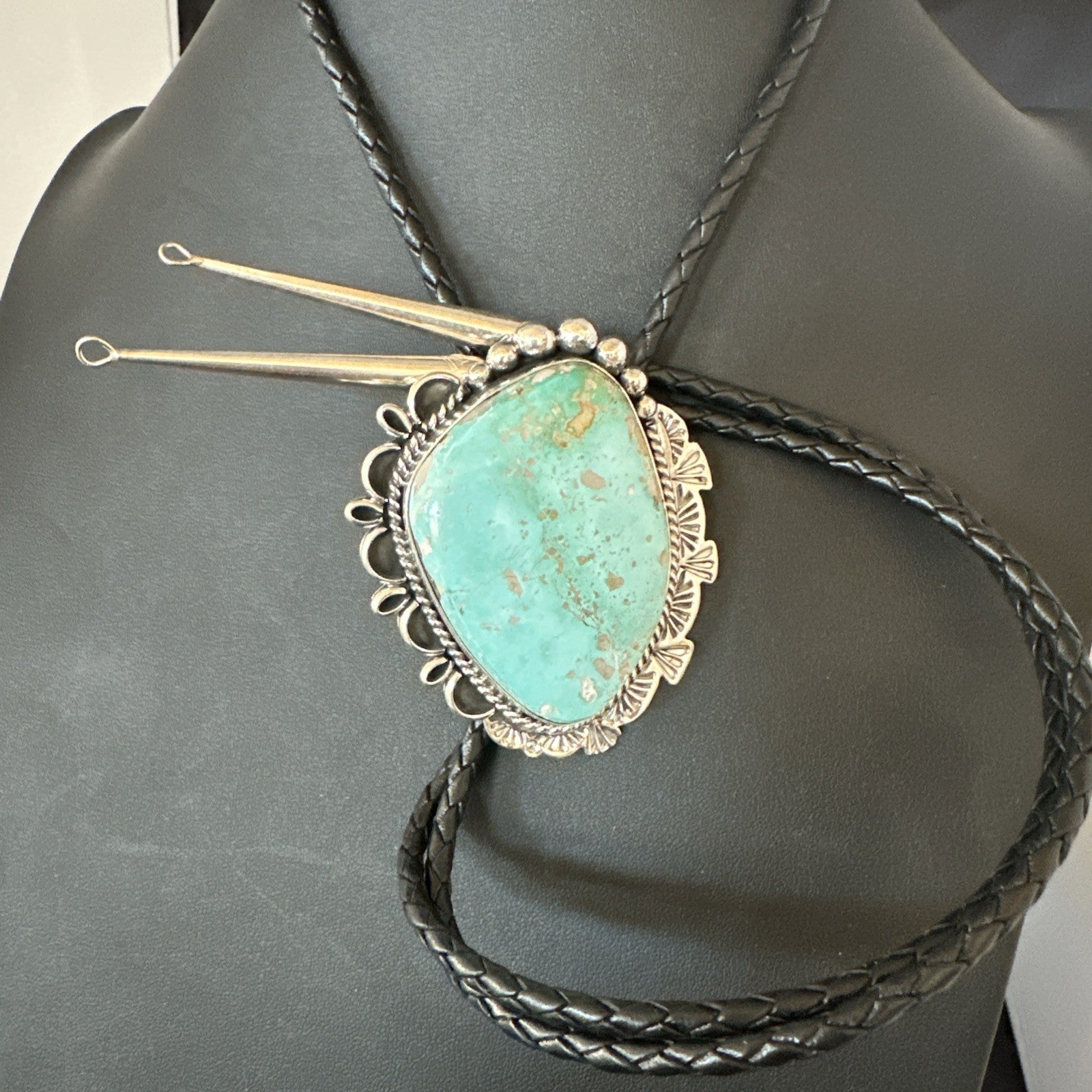 Native Mens Blue Green Royston Turquoise Bolo Tie Sterling Silver Navajo 19592