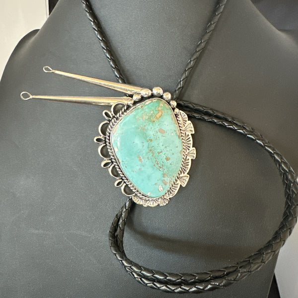 Men's Blue Green Royston Turquoise Bolo Tie Navajo | Sterling Silver | Authentic Native American Handmade | 19592