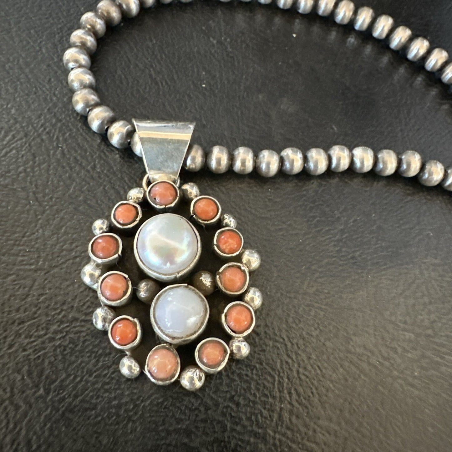 Pink Coral White Pearl Navajo Sterling Silver Cluster Pendant 1.5” 18402