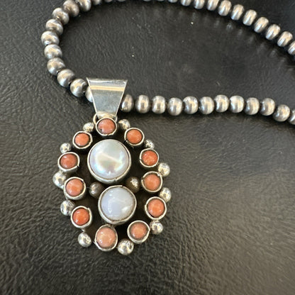 Pink Coral White Pearl Navajo Sterling Silver Cluster Pendant 1.5” 18402