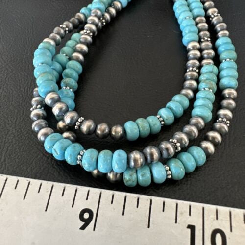Navajo Pearls Blue Turquoise Necklace 3-Strand Sterling Silver 16305