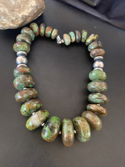 Green Natural Turquoise Chunky Graduated Navajo Sterling Silver Necklace 11765