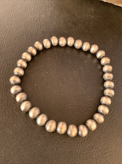 Navajo 6mm Beads Stretchable Sterling Silver Bracelet 7” 14184