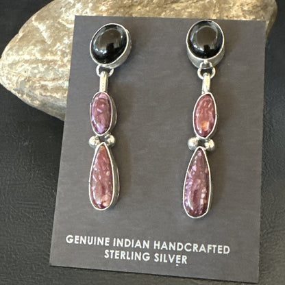 Purple Spiny Oyster Onyx Navajo Sterling Silver Dangle Earrings 2" 18570