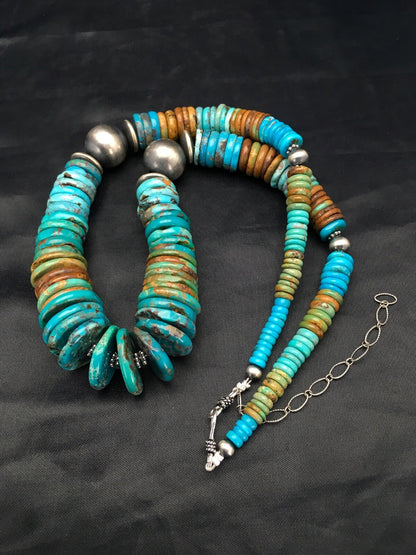 Blue Green Turquoise Navajo Sterling Silver Beads Necklace 02607