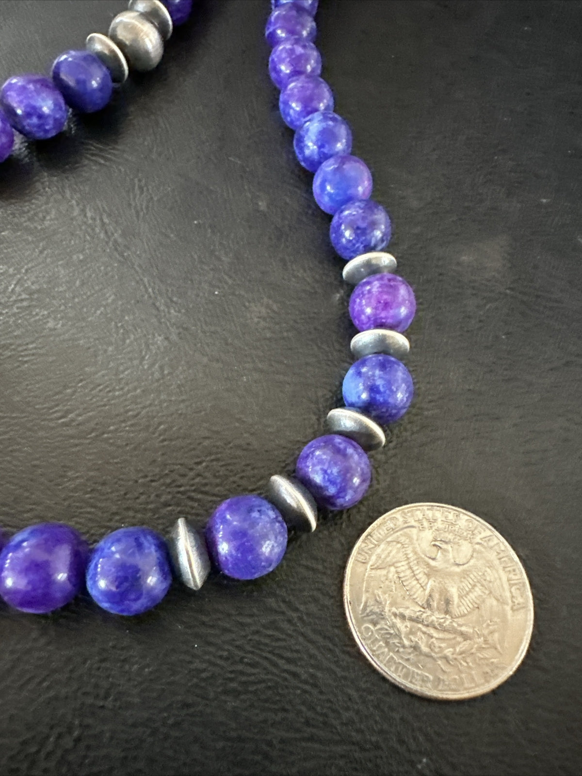 10mm Royal  Purple Stone Bead Navajo Sterling Silver Necklace 24” 17922