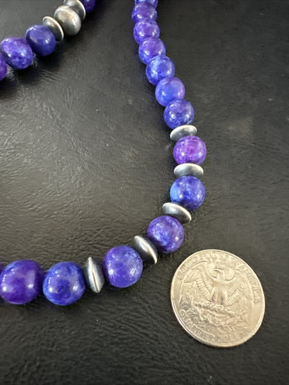 10mm Royal  Purple Stone Bead Navajo Sterling Silver Necklace 24” 17922