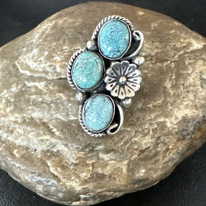 Yazzie Ring Blue Turquoise Navajo Sterling Silver Cluster Size 7 19240