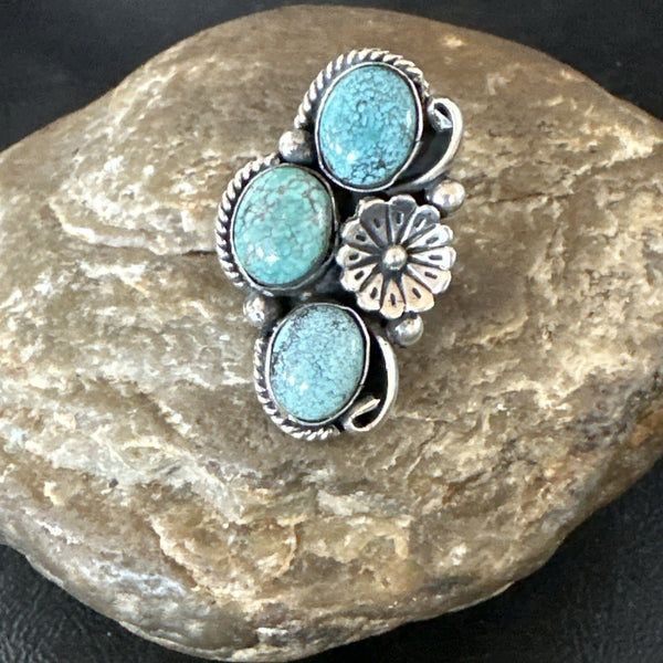 Yazzie Ring Blue Turquoise Navajo Cluster Size 7 | Sterling Silver | Authentic Native American Handmade | 19240