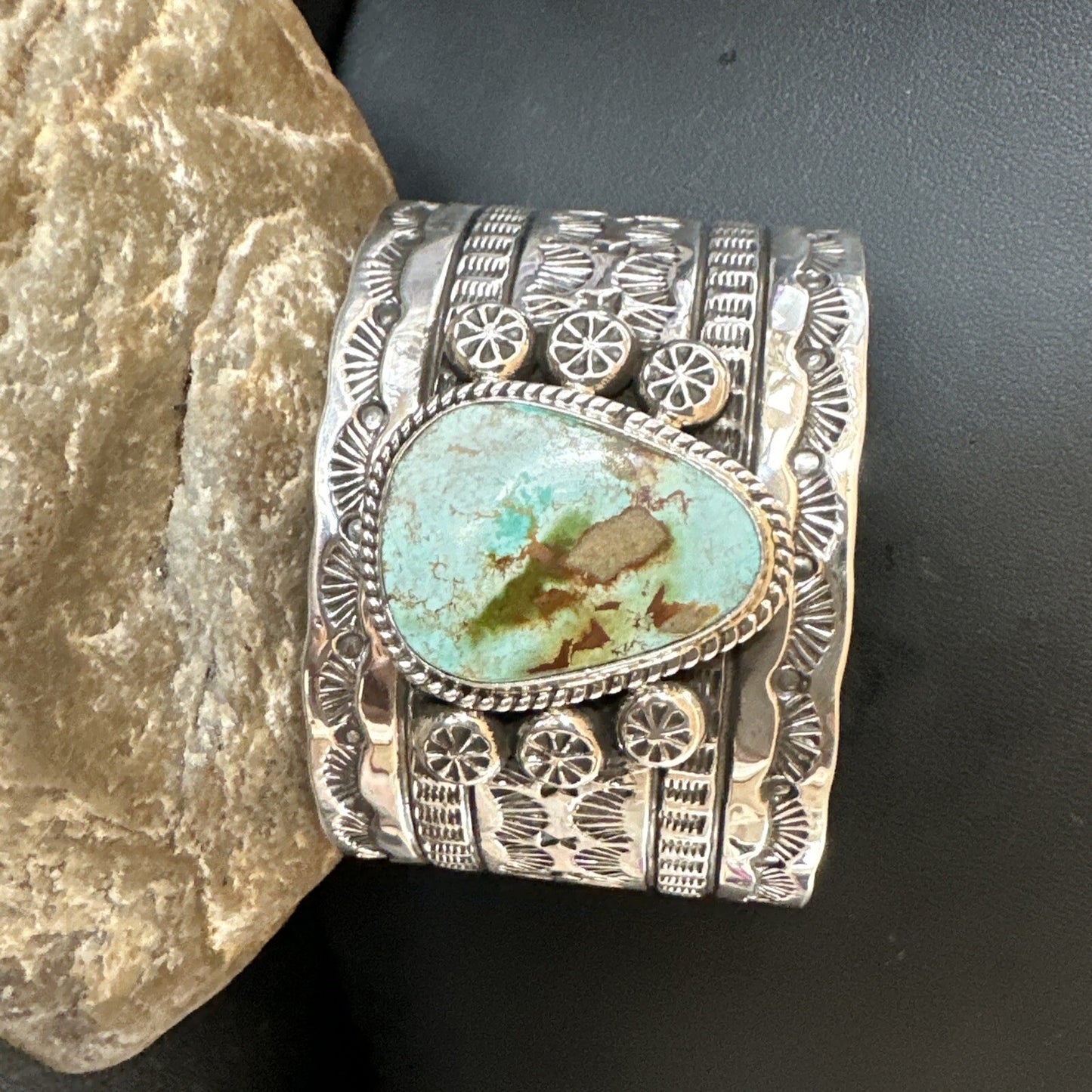 Navajo Women Green Royston Turquoise Stamped Sterling Silver Cuff Bracelet 17947